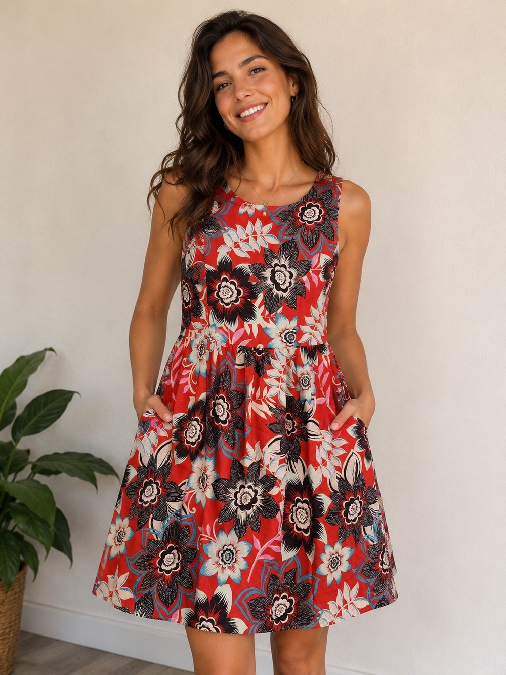 Talbots Floral Sleeveless Red A-Line Dress Size 10p